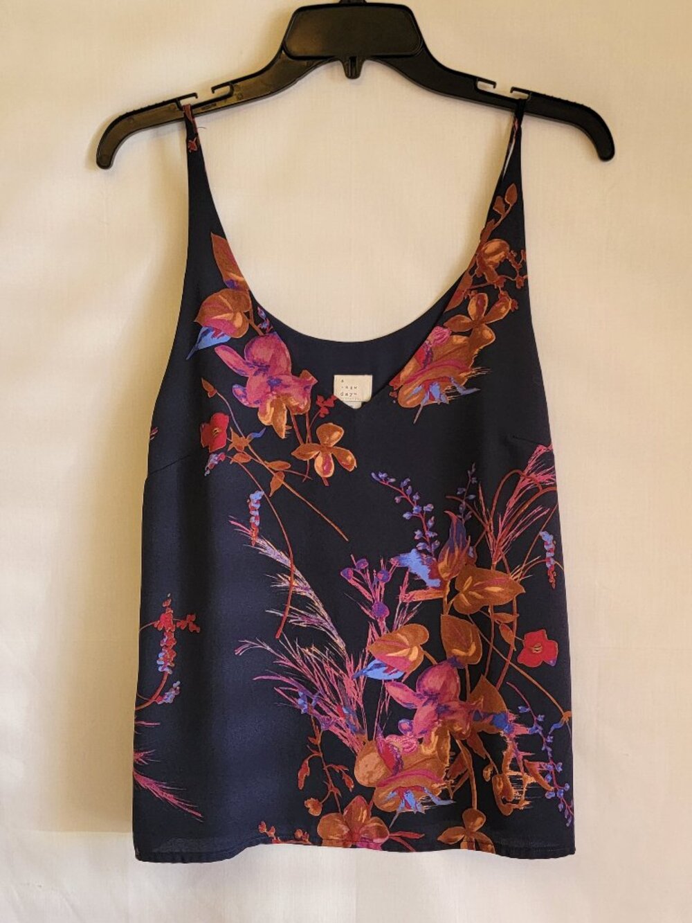 A New Day Summer V Neck Spaghetti Strap Top, Blue w/Flower, Size S $13